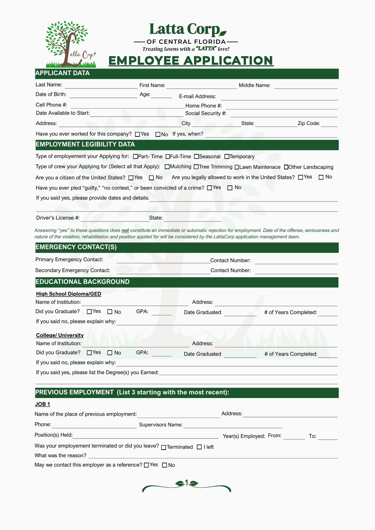 Latta Corp employee application, page 1