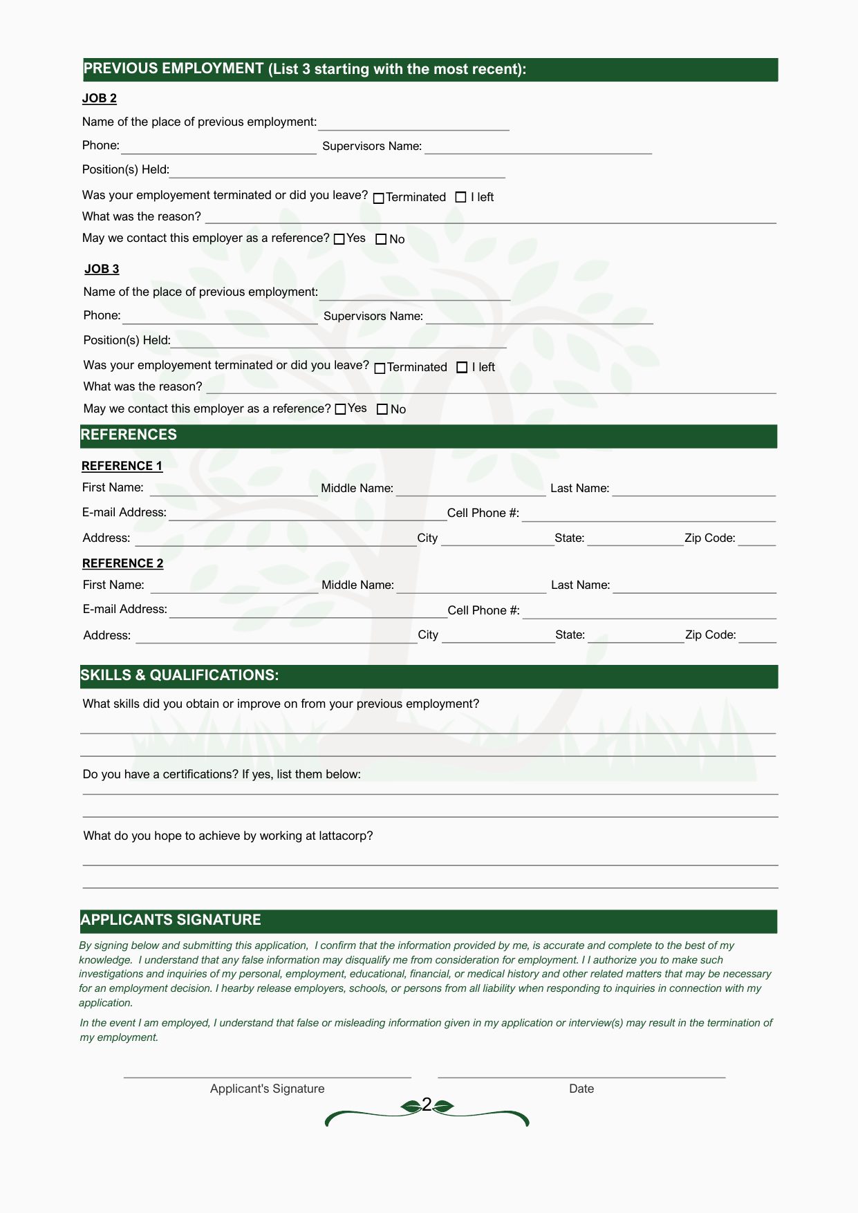 Latta Corp employee application, page 2